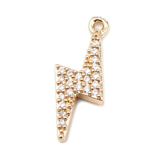 Изображение Brass Weather Collection Charms Gold Plated Lightning Micro Pave Clear Rhinestone 19mm x 7mm, 5 PCs                                                                                                                                                           