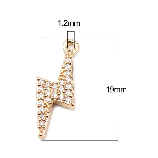 Изображение Brass Weather Collection Charms Gold Plated Lightning Micro Pave Clear Rhinestone 19mm x 7mm, 5 PCs                                                                                                                                                           