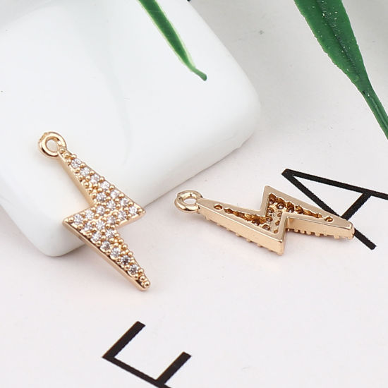 Изображение Brass Weather Collection Charms Gold Plated Lightning Micro Pave Clear Rhinestone 19mm x 7mm, 5 PCs                                                                                                                                                           