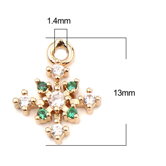 Image de Breloques en Laiton Flocon de Neige de Noël Doré à Strass Transparent & Vert 13mm x 10mm, 5 Pcs                                                                                                                                                               