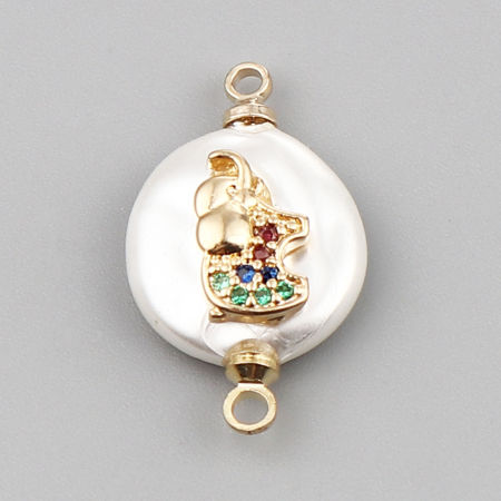 Picture of 2 PCs Brass Connectors Charms Pendants Wholesale 18K Real Gold Plated White Round Elephant Multicolor Rhinestone 21mm x 12mm