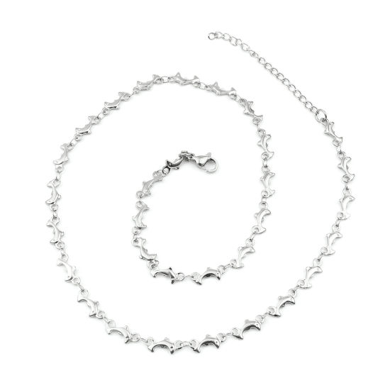 Picture of 304 Stainless Steel Ocean Jewelry Necklace Dolphin Animal Silver Tone 45cm(17 6/8") long, 1 Piece