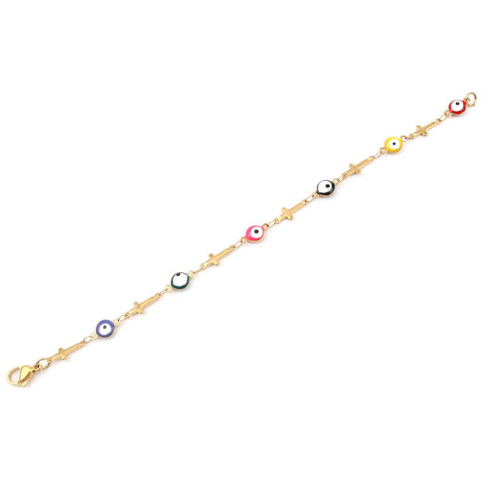 Immagine di 1 Piece Vacuum Plating 304 Stainless Steel Religious Bracelets Gold Plated Multicolor Evil Eye Cross 18.5cm(7 2/8") long