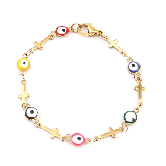 Immagine di 1 Piece Vacuum Plating 304 Stainless Steel Religious Bracelets Gold Plated Multicolor Evil Eye Cross 18.5cm(7 2/8") long