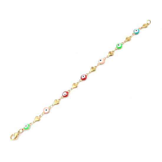 Immagine di 1 Piece Vacuum Plating 304 Stainless Steel Religious Bracelets Gold Plated Multicolor Evil Eye Heart 18.5cm(7 2/8") long