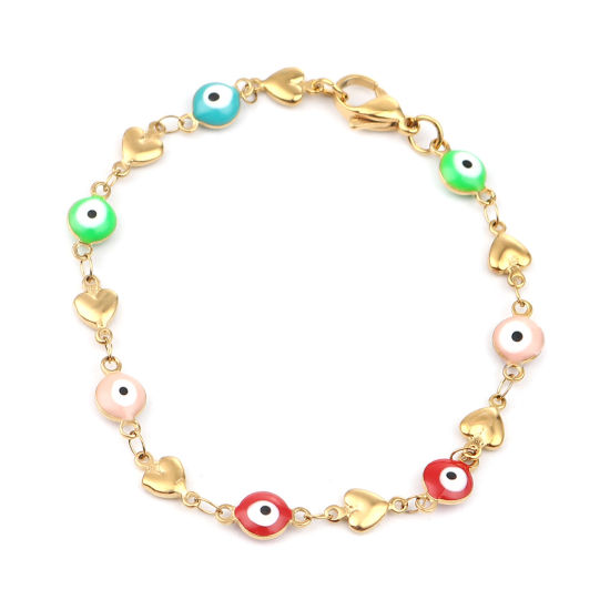Immagine di 1 Piece Vacuum Plating 304 Stainless Steel Religious Bracelets Gold Plated Multicolor Evil Eye Heart 18.5cm(7 2/8") long