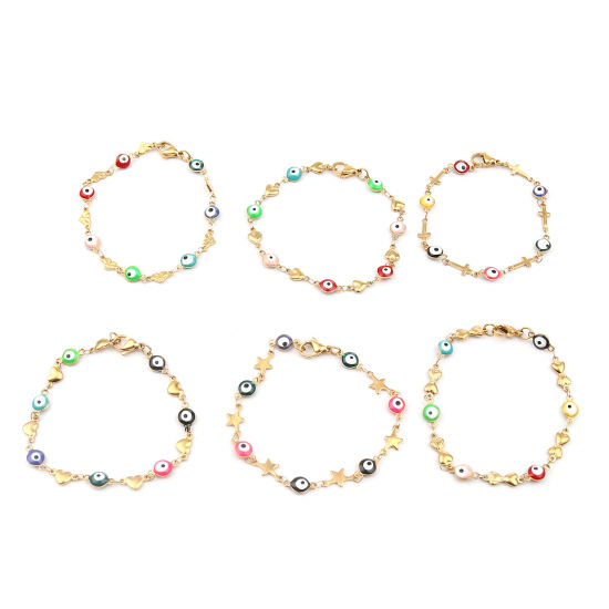 Immagine di 1 Piece Vacuum Plating 304 Stainless Steel Religious Bracelets Gold Plated Multicolor Evil Eye Heart 18.5cm(7 2/8") long