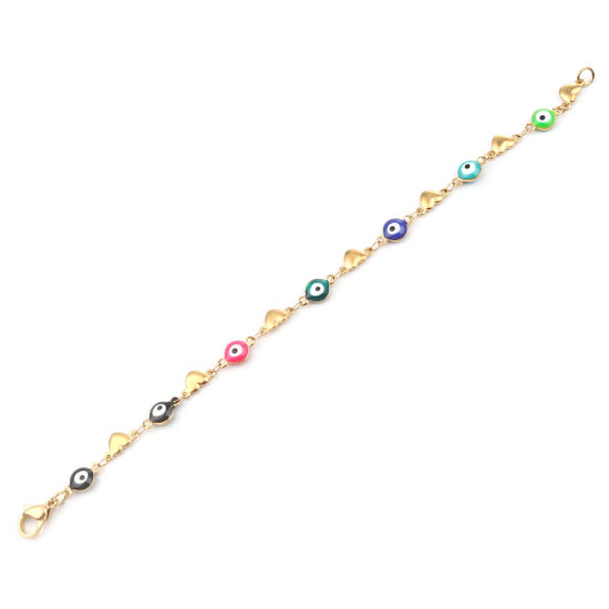 Immagine di 1 Piece Vacuum Plating 304 Stainless Steel Religious Bracelets Gold Plated Multicolor Evil Eye Heart 18.5cm(7 2/8") long