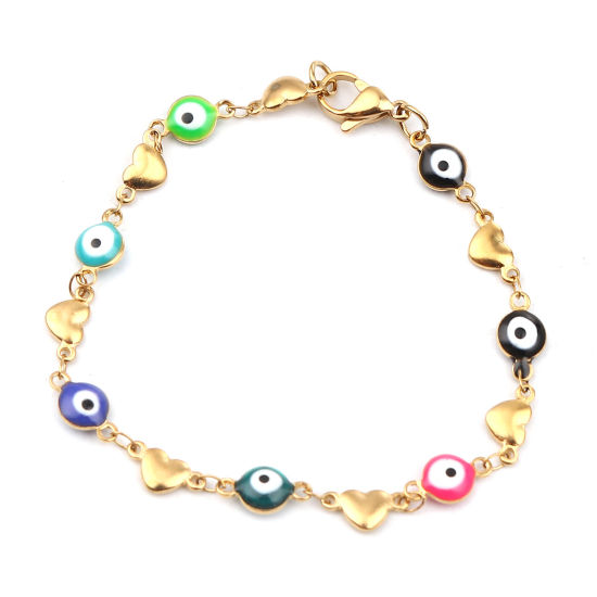 Immagine di 1 Piece Vacuum Plating 304 Stainless Steel Religious Bracelets Gold Plated Multicolor Evil Eye Heart 18.5cm(7 2/8") long