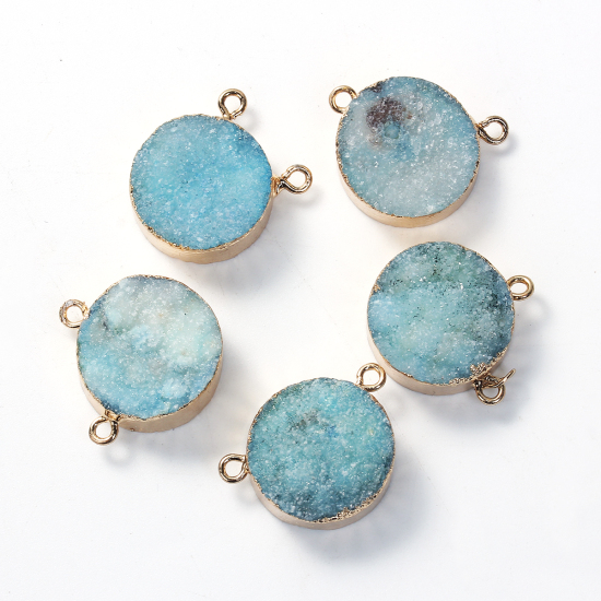 Picture of (Grade B) Natural Agate Druzy /Drusy Connectors Findings Round Gold Plated Blue 20mm( 6/8") x 12mm( 4/8"), 1 Piece