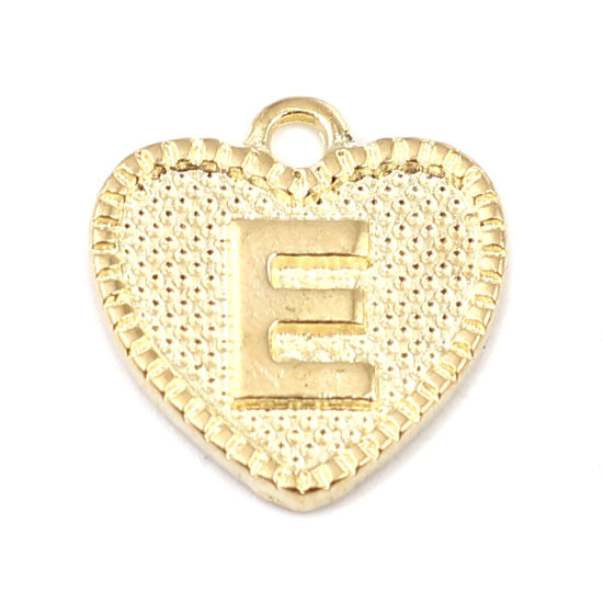 Picture of Zinc Based Alloy Valentine's Day Charms 16K Gold Color Heart Initial Alphabet/ Capital Letter Message " E " 15mm x 15mm, 20 PCs