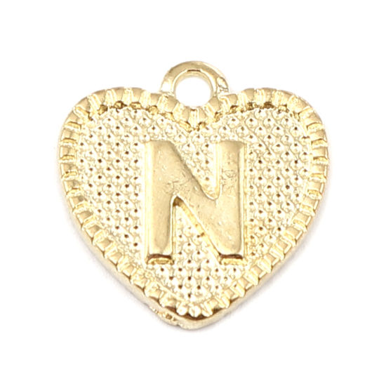 Immagine di Lega di Zinco San Valentino Charms Colore Oro 16K Cuore Lettera Maiuscola Lettere " N " 15mm x 15mm, 20 Pz