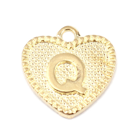 Picture of Zinc Based Alloy Valentine's Day Charms 16K Gold Color Heart Initial Alphabet/ Capital Letter Message " Q " 15mm x 15mm, 20 PCs