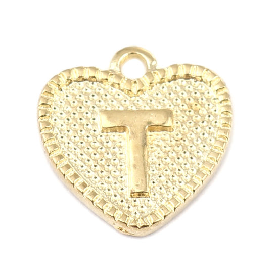 Picture of Zinc Based Alloy Valentine's Day Charms 16K Gold Color Heart Initial Alphabet/ Capital Letter Message " T " 15mm x 15mm, 20 PCs
