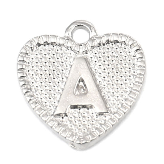Immagine di Zinc Based Alloy Valentine's Day Charms Heart Silver Tone Initial Alphabet/ Capital Letter Message " A " 15mm x 15mm, 20 PCs