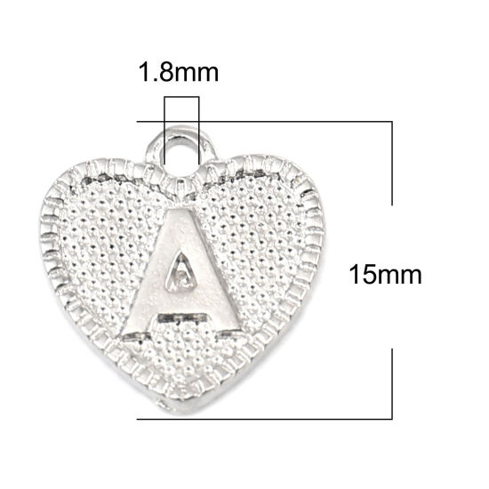 Immagine di Zinc Based Alloy Valentine's Day Charms Heart Silver Tone Initial Alphabet/ Capital Letter Message " A " 15mm x 15mm, 20 PCs