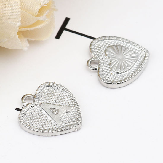Immagine di Zinc Based Alloy Valentine's Day Charms Heart Silver Tone Initial Alphabet/ Capital Letter Message " A " 15mm x 15mm, 20 PCs