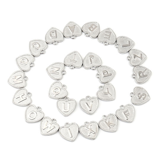Immagine di Zinc Based Alloy Valentine's Day Charms Heart Silver Tone Initial Alphabet/ Capital Letter Message " A " 15mm x 15mm, 20 PCs