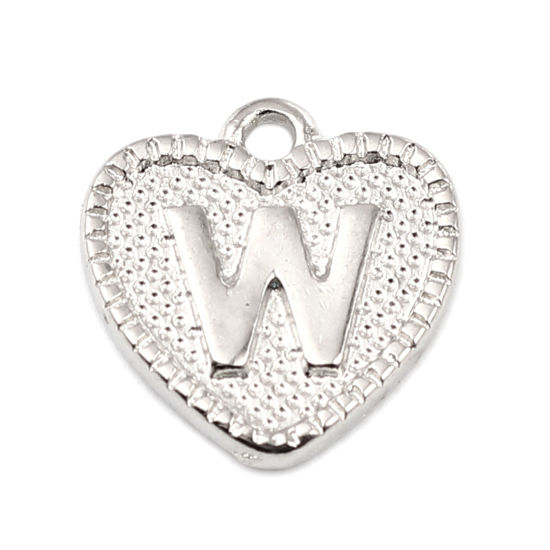Immagine di Zinc Based Alloy Valentine's Day Charms Heart Silver Tone Initial Alphabet/ Capital Letter Message " W " 15mm x 15mm, 20 PCs