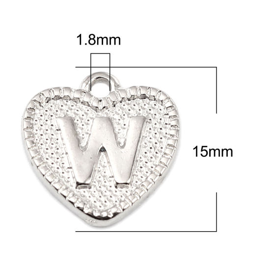 Immagine di Zinc Based Alloy Valentine's Day Charms Heart Silver Tone Initial Alphabet/ Capital Letter Message " W " 15mm x 15mm, 20 PCs