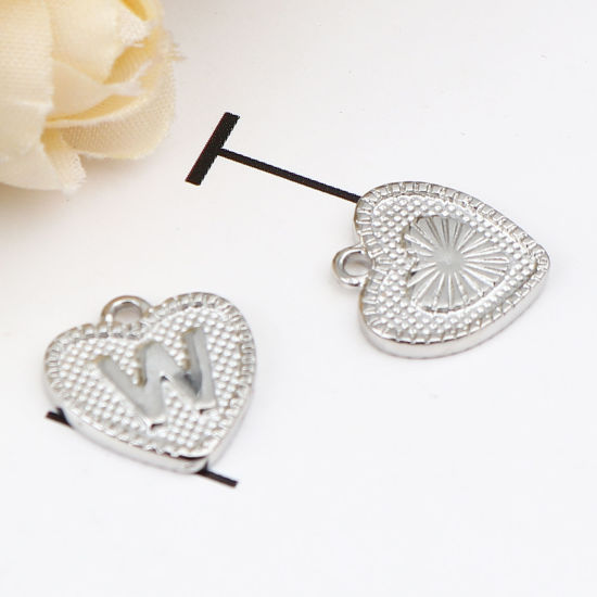 Immagine di Zinc Based Alloy Valentine's Day Charms Heart Silver Tone Initial Alphabet/ Capital Letter Message " W " 15mm x 15mm, 20 PCs
