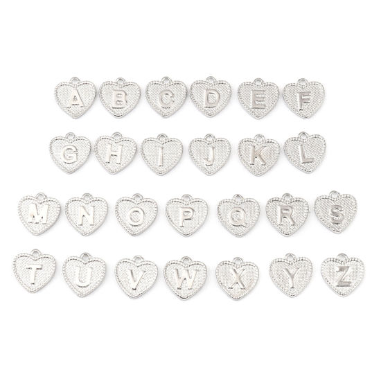 Immagine di Zinc Based Alloy Valentine's Day Charms Heart Silver Tone Initial Alphabet/ Capital Letter Message " W " 15mm x 15mm, 20 PCs