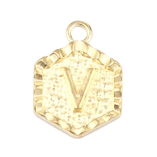 Picture of Zinc Based Alloy Valentine's Day Charms 16K Gold Color Hexagon Initial Alphabet/ Capital Letter Message " V " 17mm x 13mm, 20 PCs