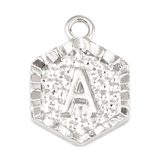 Picture of Zinc Based Alloy Valentine's Day Charms Hexagon Silver Tone Initial Alphabet/ Capital Letter Message " A " 17mm x 13mm, 20 PCs