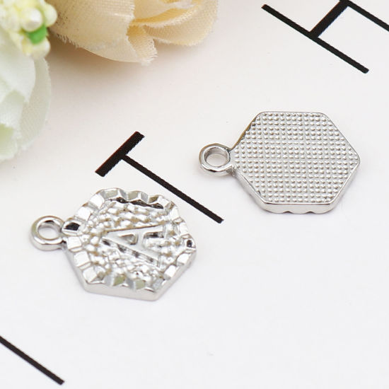 Picture of Zinc Based Alloy Valentine's Day Charms Hexagon Silver Tone Initial Alphabet/ Capital Letter Message " A " 17mm x 13mm, 20 PCs