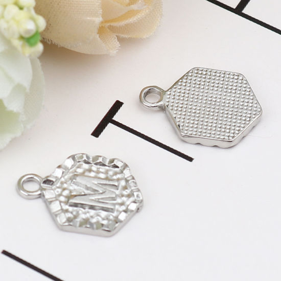Picture of Zinc Based Alloy Valentine's Day Charms Hexagon Silver Tone Initial Alphabet/ Capital Letter Message " M " 17mm x 13mm, 20 PCs