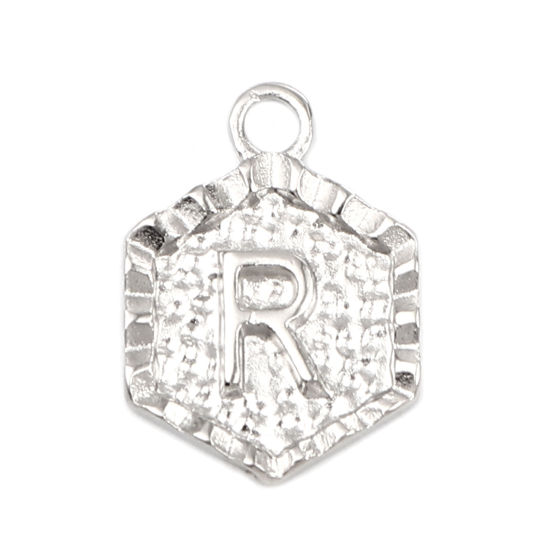 Picture of Zinc Based Alloy Valentine's Day Charms Hexagon Silver Tone Initial Alphabet/ Capital Letter Message " R " 17mm x 13mm, 20 PCs