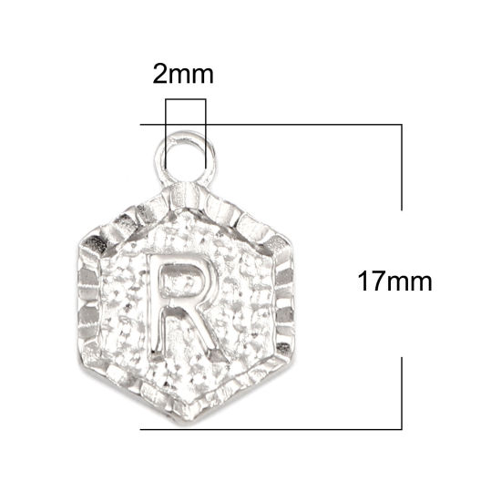 Picture of Zinc Based Alloy Valentine's Day Charms Hexagon Silver Tone Initial Alphabet/ Capital Letter Message " R " 17mm x 13mm, 20 PCs