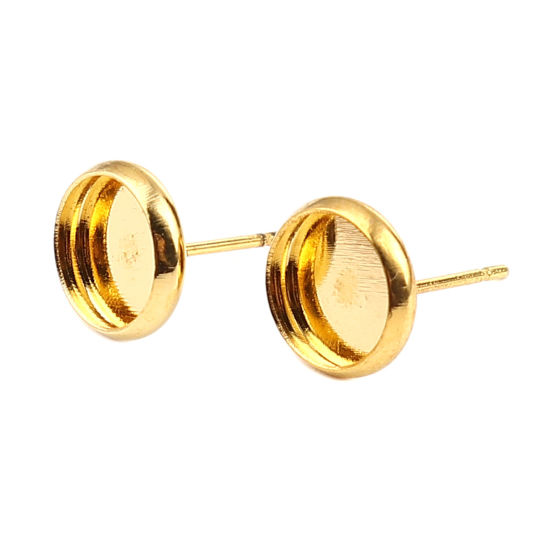 Picture of Iron Based Alloy Cabochon Settings Ear Post Stud Earrings Findings Round Gold Plated (Fit 8mm Dia.) 10mm Dia., Post/ Wire Size: (21 gauge), 30 PCs