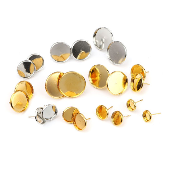 Iron Based Alloy Cabochon Settings Ear Post Stud Earrings Findings Round Gold Plated (Fit 8mm Dia.) 10mm Dia., Post/ Wire Size: (21 gauge), 30 PCs の画像