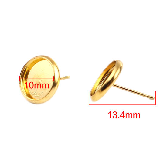 Iron Based Alloy Cabochon Settings Ear Post Stud Earrings Findings Round Gold Plated (Fit 10mm Dia.) 12mm Dia., Post/ Wire Size: (21 gauge), 30 PCs の画像