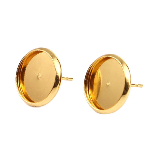Iron Based Alloy Cabochon Settings Ear Post Stud Earrings Findings Round Gold Plated (Fit 12mm Dia.) 14mm Dia., Post/ Wire Size: (21 gauge), 30 PCs の画像