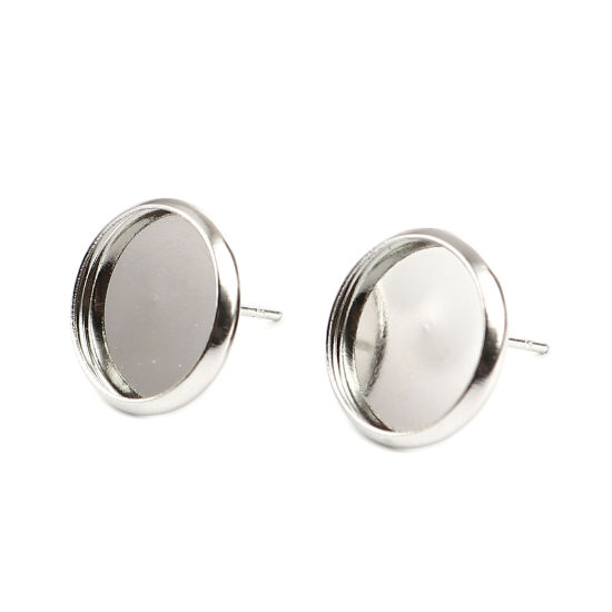 Iron Based Alloy Cabochon Settings Ear Post Stud Earrings Findings Round Silver Tone (Fit 12mm Dia.) 14mm Dia., Post/ Wire Size: (21 gauge), 30 PCs の画像