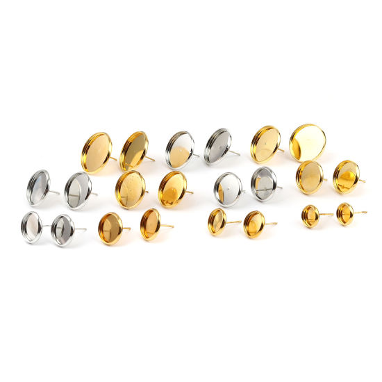 Picture of Iron Based Alloy Cabochon Settings Ear Post Stud Earrings Findings Round Silver Tone (Fit 12mm Dia.) 14mm Dia., Post/ Wire Size: (21 gauge), 30 PCs