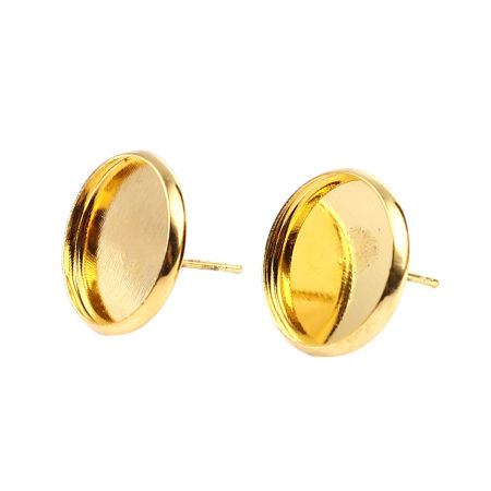 Picture of Iron Based Alloy Cabochon Settings Ear Post Stud Earrings Findings Round Gold Plated (Fit 14mm Dia.) 16mm Dia., Post/ Wire Size: (21 gauge), 30 PCs