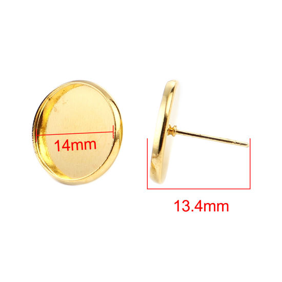 Iron Based Alloy Cabochon Settings Ear Post Stud Earrings Findings Round Gold Plated (Fit 14mm Dia.) 16mm Dia., Post/ Wire Size: (21 gauge), 30 PCs の画像