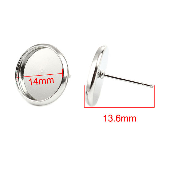 Iron Based Alloy Cabochon Settings Ear Post Stud Earrings Findings Round Silver Tone (Fit 14mm Dia.) 16mm Dia., Post/ Wire Size: (21 gauge), 30 PCs の画像
