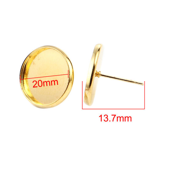 Iron Based Alloy Cabochon Settings Ear Post Stud Earrings Findings Round Gold Plated (Fit 20mm Dia.) 22mm Dia., Post/ Wire Size: (21 gauge), 30 PCs の画像