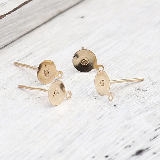 Imagen de Iron Based Alloy Ear Post Stud Earrings Findings Round KC Gold Plated W/ Loop Cabochon Settings (Fits 6mm Dia.) 8mm x 6mm, Post/ Wire Size: (21 gauge), 500 PCs