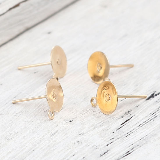 Imagen de Iron Based Alloy Ear Post Stud Earrings Findings Round KC Gold Plated W/ Loop Cabochon Settings (Fits 8mm Dia.) 10mm x 8mm, Post/ Wire Size: (21 gauge), 500 PCs