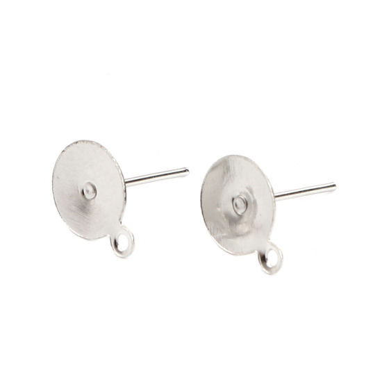 Bild von Iron Based Alloy Ear Post Stud Earrings Findings Round Silver Tone W/ Loop Cabochon Settings (Fits 8mm Dia.) 10mm x 8mm, Post/ Wire Size: (21 gauge), 500 PCs