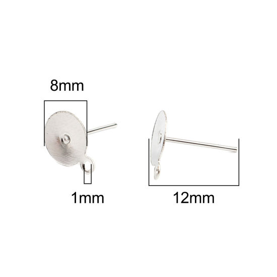 Imagen de Iron Based Alloy Ear Post Stud Earrings Findings Round Silver Tone W/ Loop Cabochon Settings (Fits 8mm Dia.) 10mm x 8mm, Post/ Wire Size: (21 gauge), 500 PCs