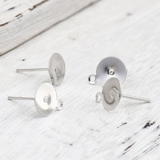 Imagen de Iron Based Alloy Ear Post Stud Earrings Findings Round Silver Tone W/ Loop Cabochon Settings (Fits 8mm Dia.) 10mm x 8mm, Post/ Wire Size: (21 gauge), 500 PCs