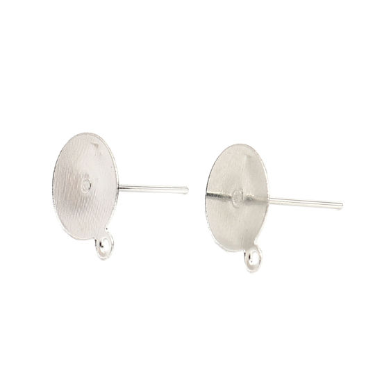 Imagen de Iron Based Alloy Ear Post Stud Earrings Findings Round Silver Tone W/ Loop Cabochon Settings (Fits 10mm Dia.) 13mm x 10mm, Post/ Wire Size: (21 gauge), 200 PCs