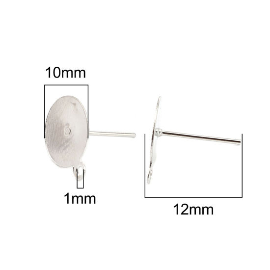 Imagen de Iron Based Alloy Ear Post Stud Earrings Findings Round Silver Tone W/ Loop Cabochon Settings (Fits 10mm Dia.) 13mm x 10mm, Post/ Wire Size: (21 gauge), 200 PCs