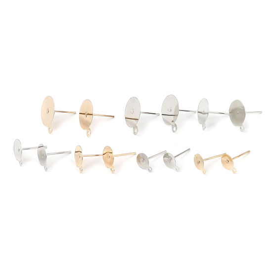 Imagen de Iron Based Alloy Ear Post Stud Earrings Findings Round Silver Tone W/ Loop Cabochon Settings (Fits 10mm Dia.) 13mm x 10mm, Post/ Wire Size: (21 gauge), 200 PCs